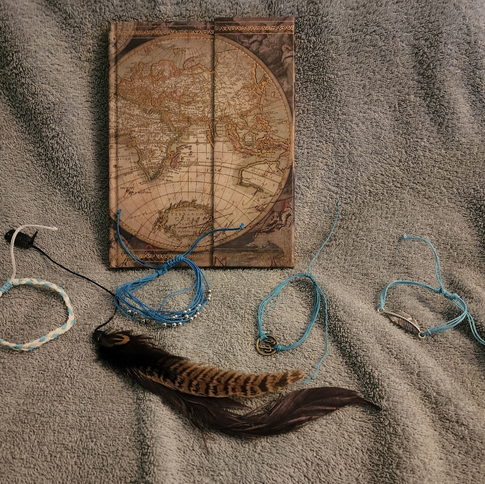 4 Bracelets, feather hair clip and magnetic World journal